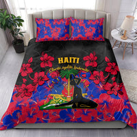 Black Haiti bedding set with two pillows, red/blue hibiscus print and emblem graphic