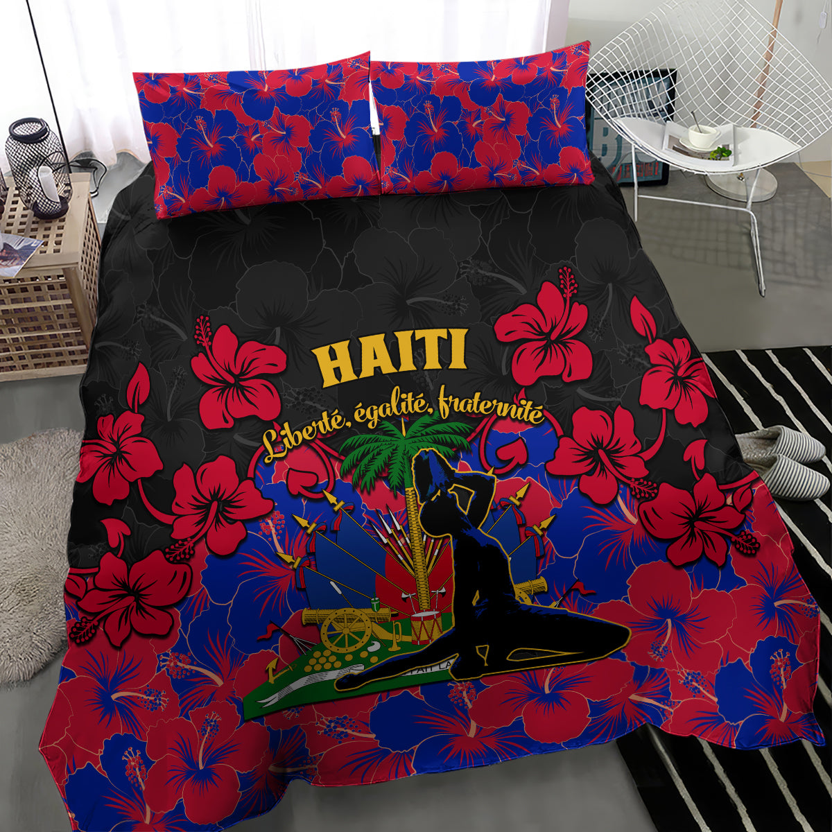 Black Haiti duvet set with red/blue hibiscus floral print, Haiti text and emblem