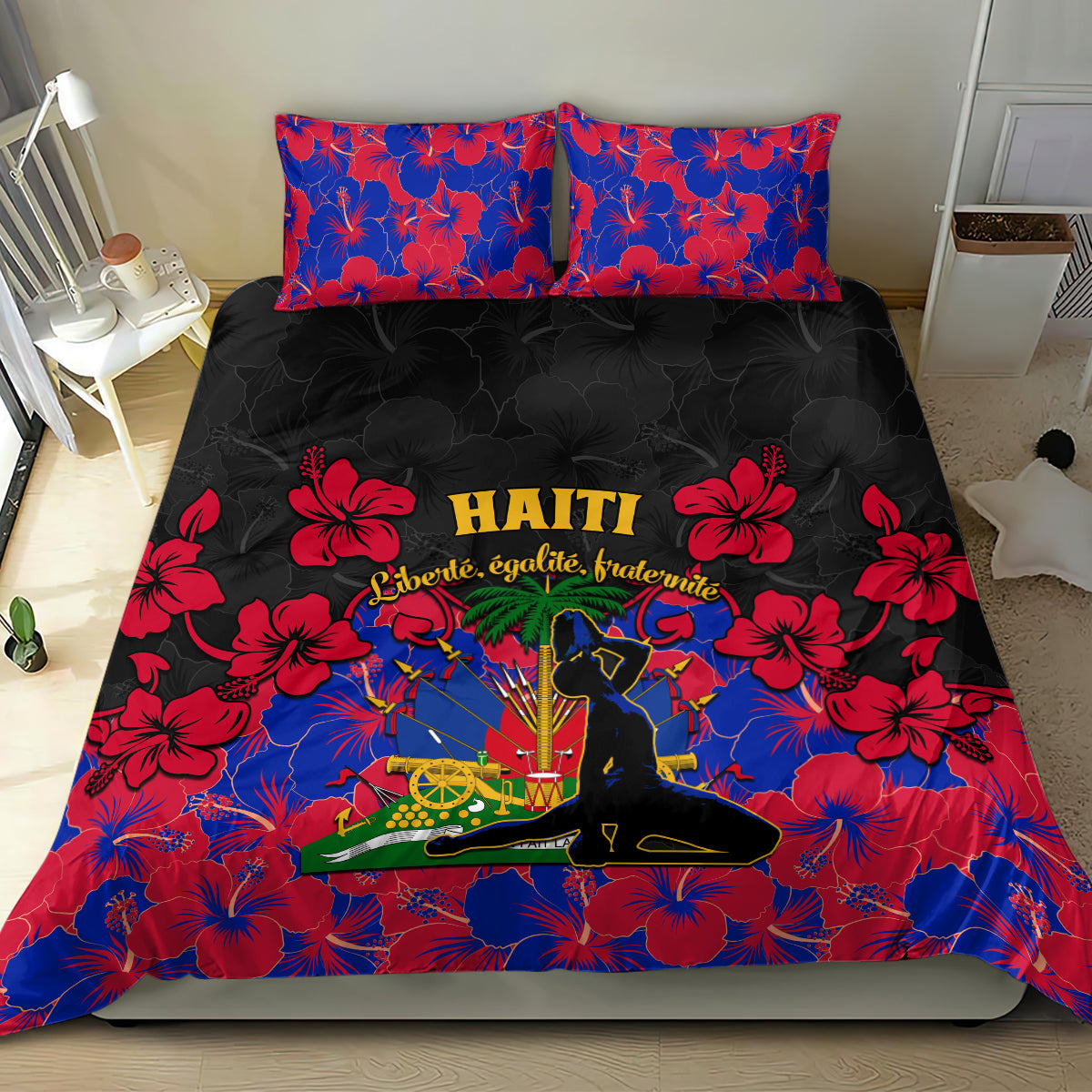 Haiti bedding set with black duvet and two red/blue hibiscus floral pillows, emblem center
