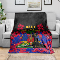 Haiti themed throw blanket, black top with red hibiscus and blue pattern, gold HAITI lettering