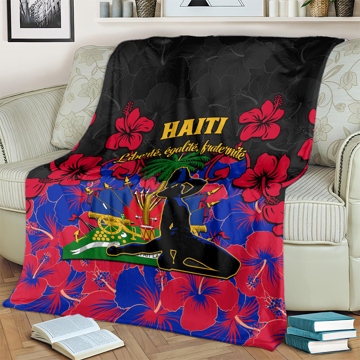 Haiti blanket with black upper panel, red hibiscus, blue floral background, gold HAITI title
