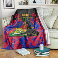 Haiti throw blanket, black and red hibiscus with blue waves, central blue map and gold text