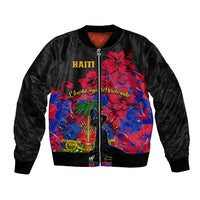 Black unisex bomber jacket with full-zip front and red blue hibiscus graphic patch