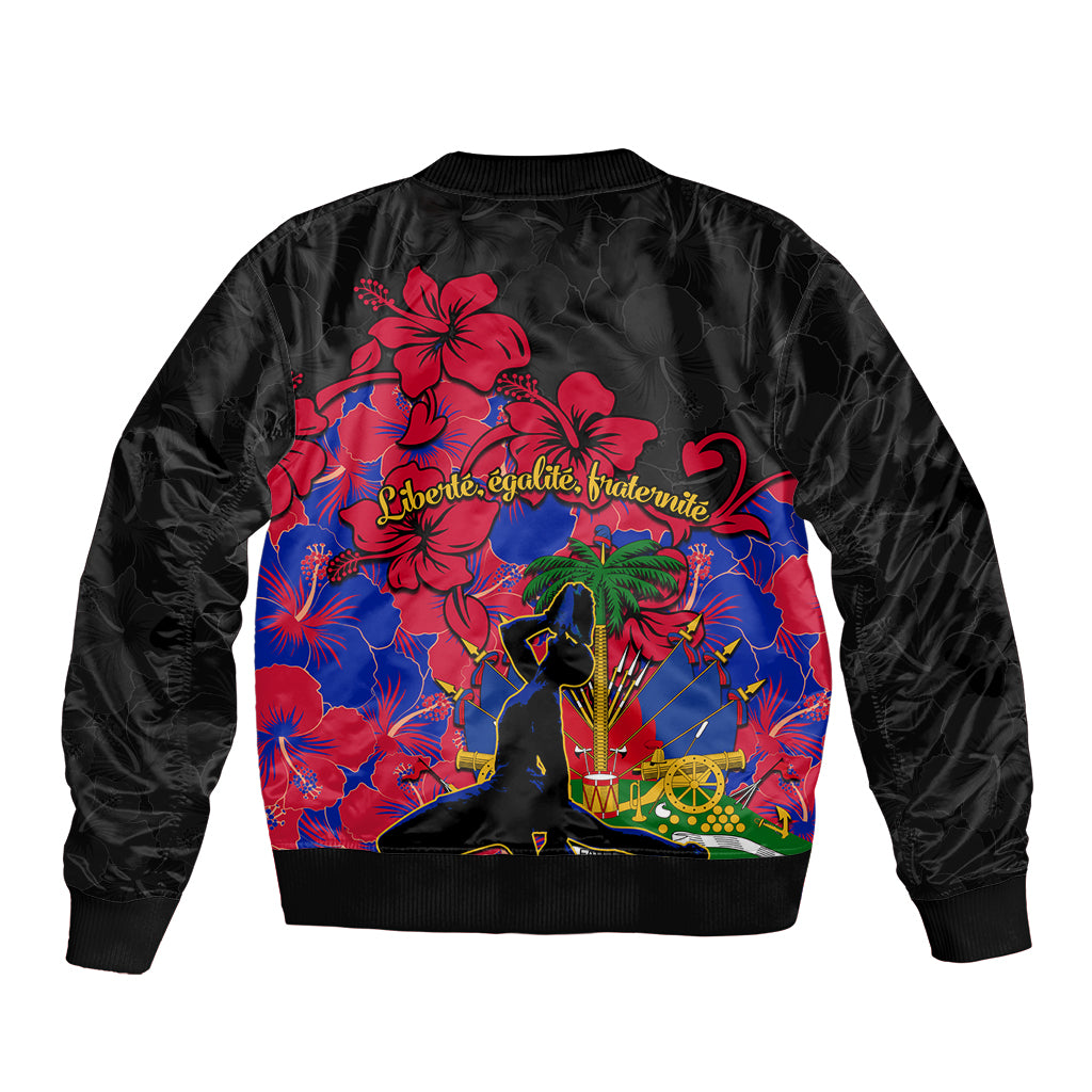 Black unisex bomber jacket with back hibiscus floral graphic in red and blue