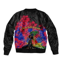 Black unisex bomber jacket with back hibiscus floral graphic in red and blue
