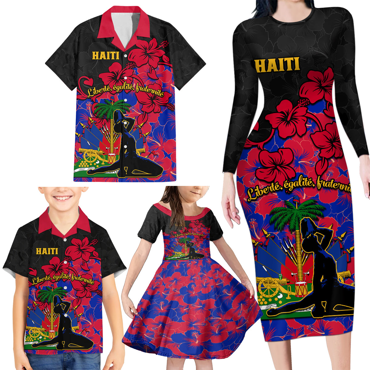 Haiti Independence Day Family Matching Long Sleeve Bodycon Dress and Hawaiian Shirt Hibiscus Neg Marron - Wonder Print Shop