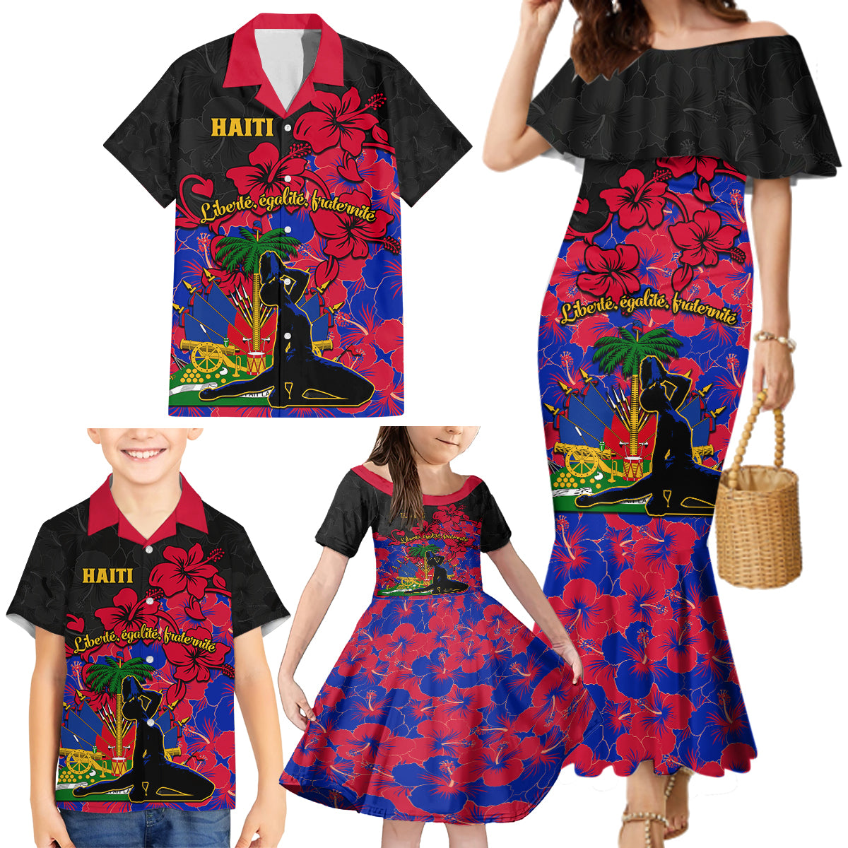 Haiti Independence Day Family Matching Mermaid Dress and Hawaiian Shirt Hibiscus Neg Marron - Wonder Print Shop