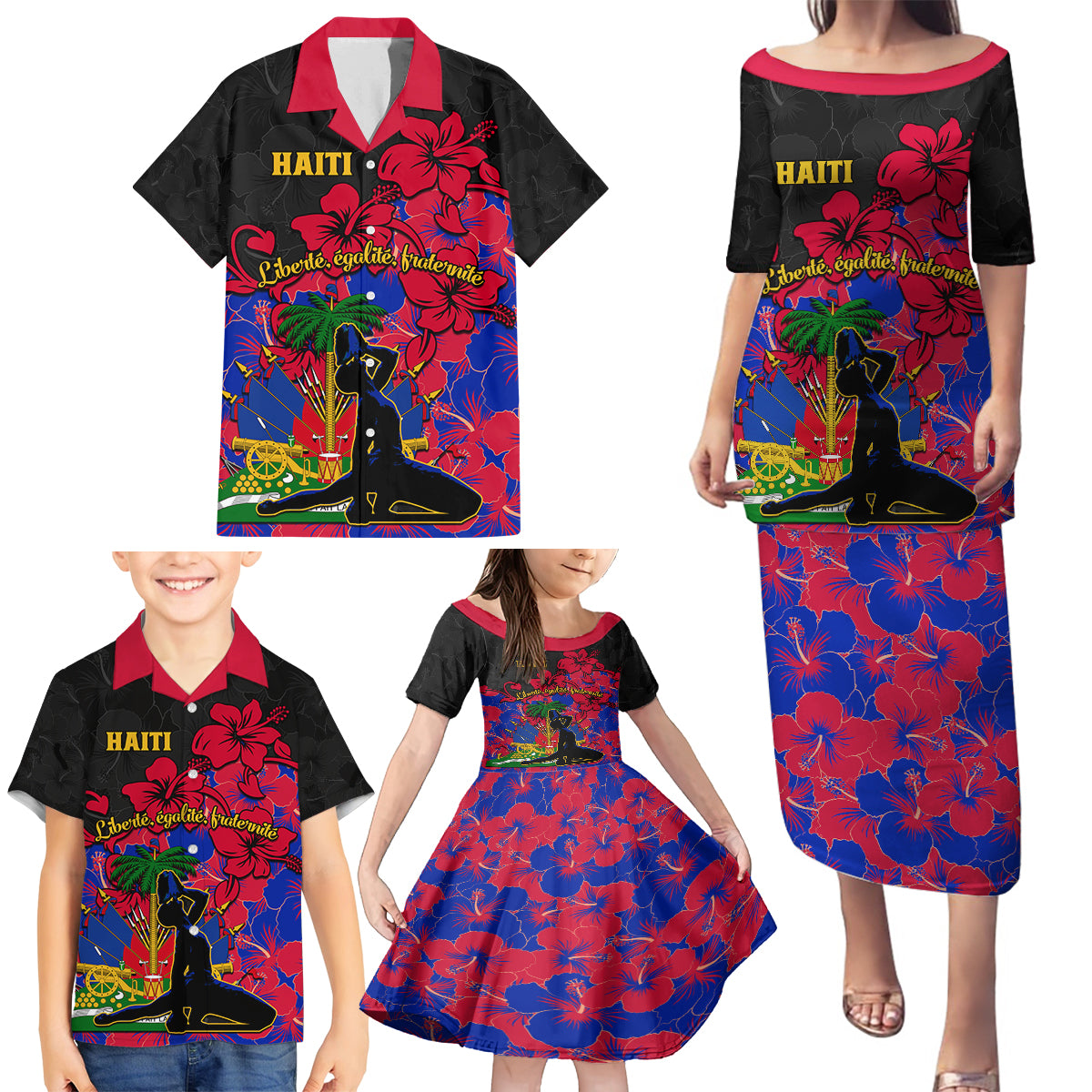 Haiti Independence Day Family Matching Puletasi Dress and Hawaiian Shirt Hibiscus Neg Marron - Wonder Print Shop