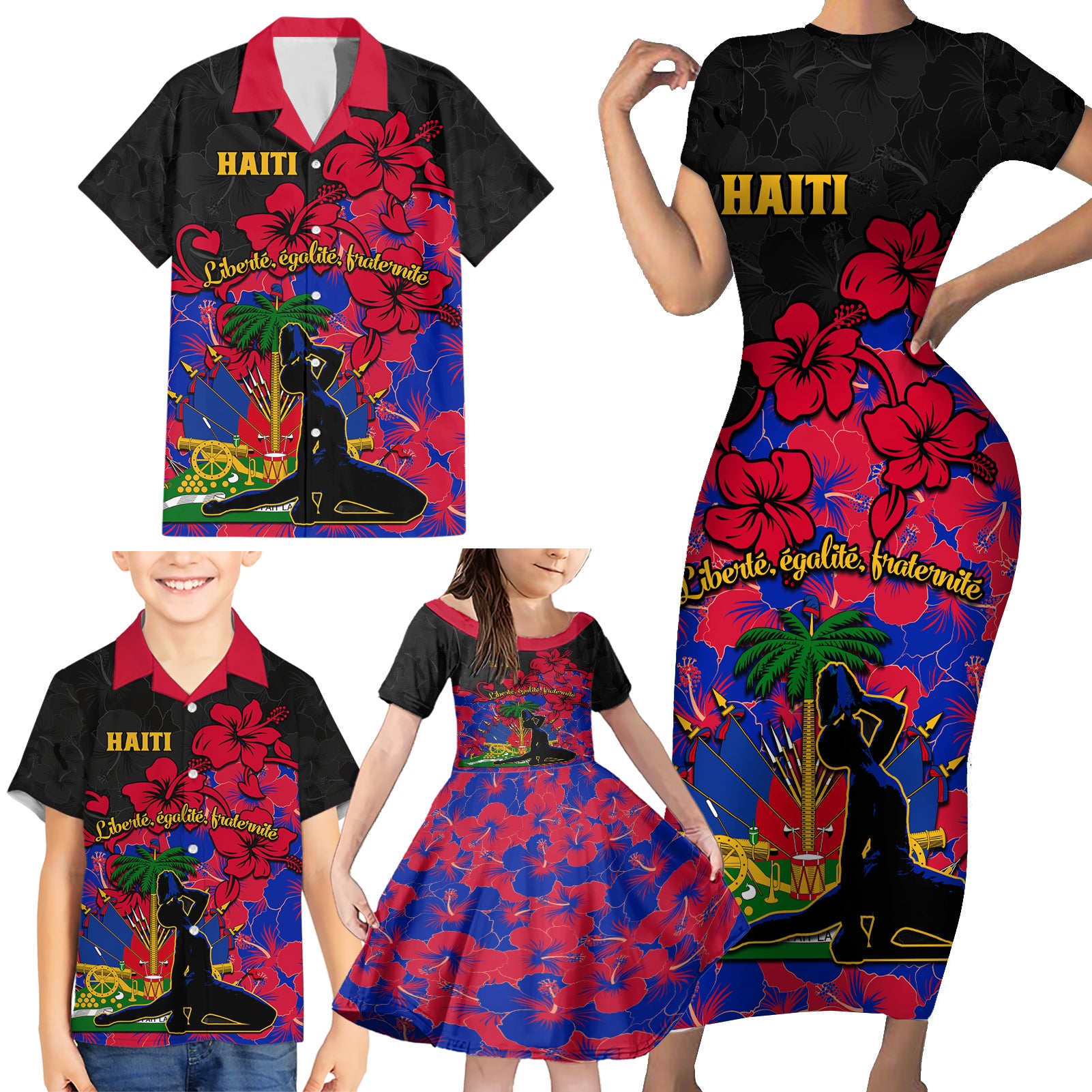 Haiti Independence Day Family Matching Short Sleeve Bodycon Dress and Hawaiian Shirt Hibiscus Neg Marron - Wonder Print Shop