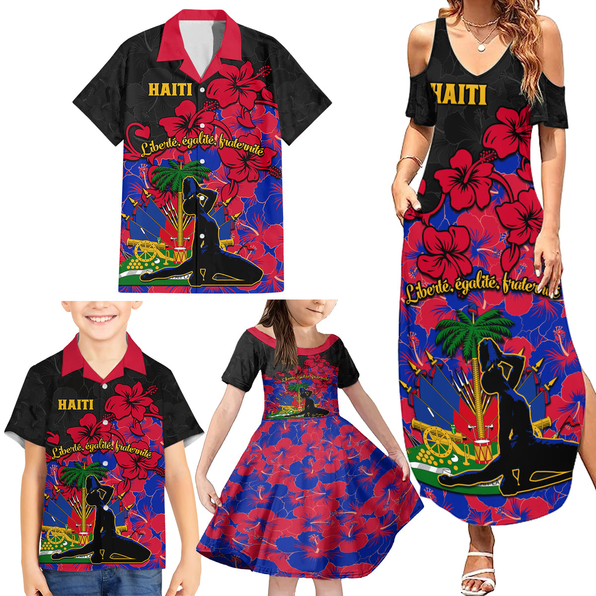 Haiti Independence Day Family Matching Summer Maxi Dress and Hawaiian Shirt Hibiscus Neg Marron - Wonder Print Shop