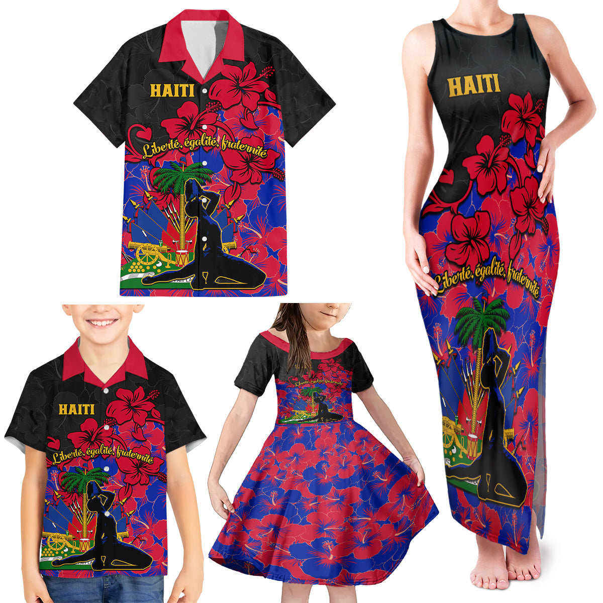 Haiti Independence Day Family Matching Tank Maxi Dress and Hawaiian Shirt Hibiscus Neg Marron - Wonder Print Shop