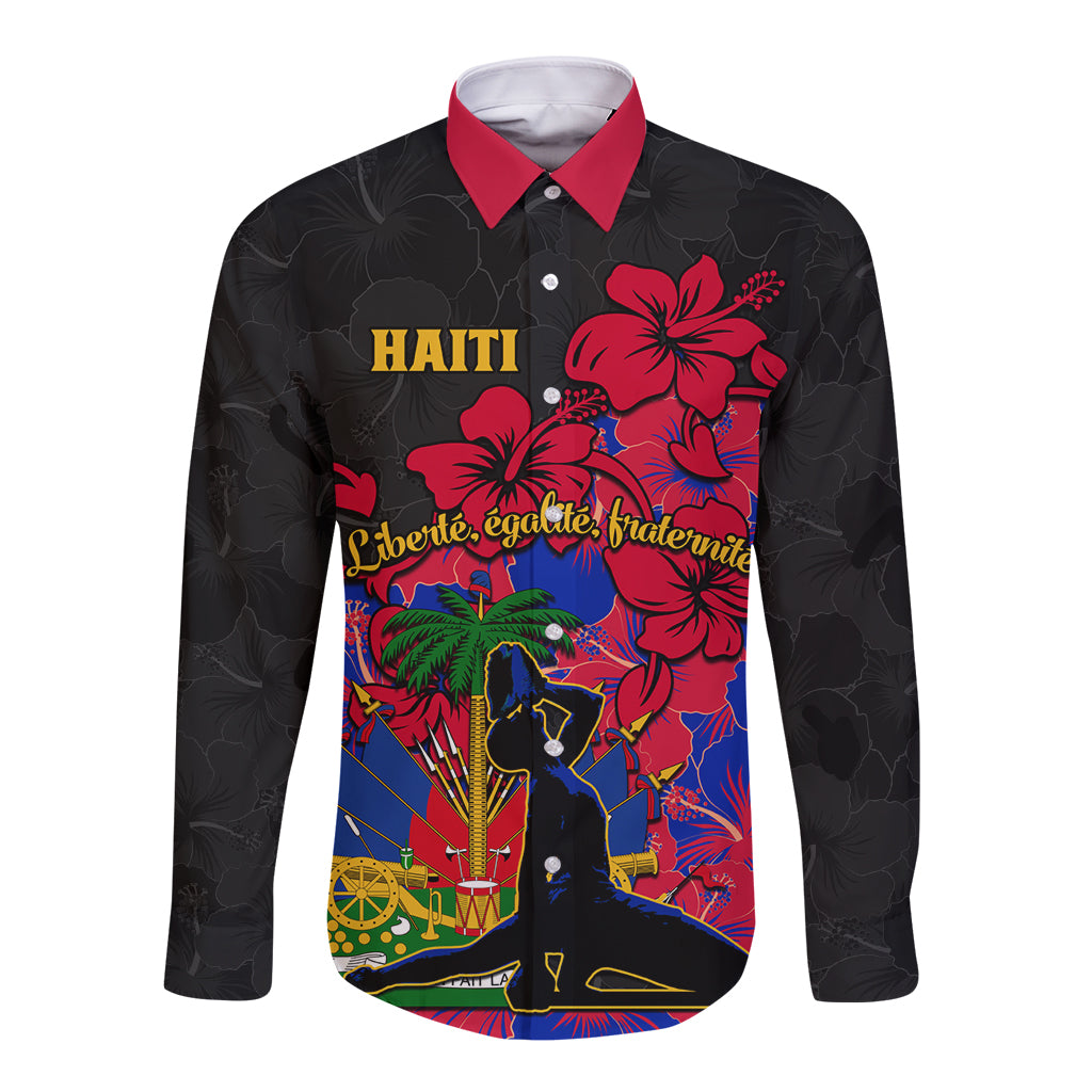 Long-sleeve button shirt, black with red collar and multicolor hibiscus front graphic