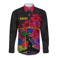 Long-sleeve button shirt, black with red collar and multicolor hibiscus front graphic