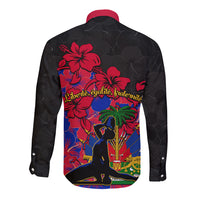 Long-sleeve button shirt, black with red hibiscus back graphic and multicolor scene