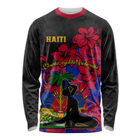 Black long sleeve shirt with red hibiscus and Haiti Independence graphic on front