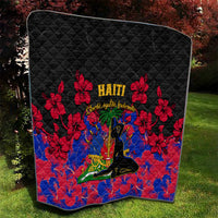 Black Haiti-themed quilt with red hibiscus flowers, Haiti text, and central emblem