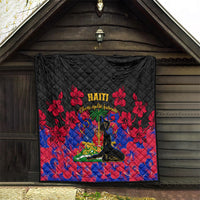 Black Haiti-themed quilt hanging in doorway with red hibiscus flowers and Haiti text