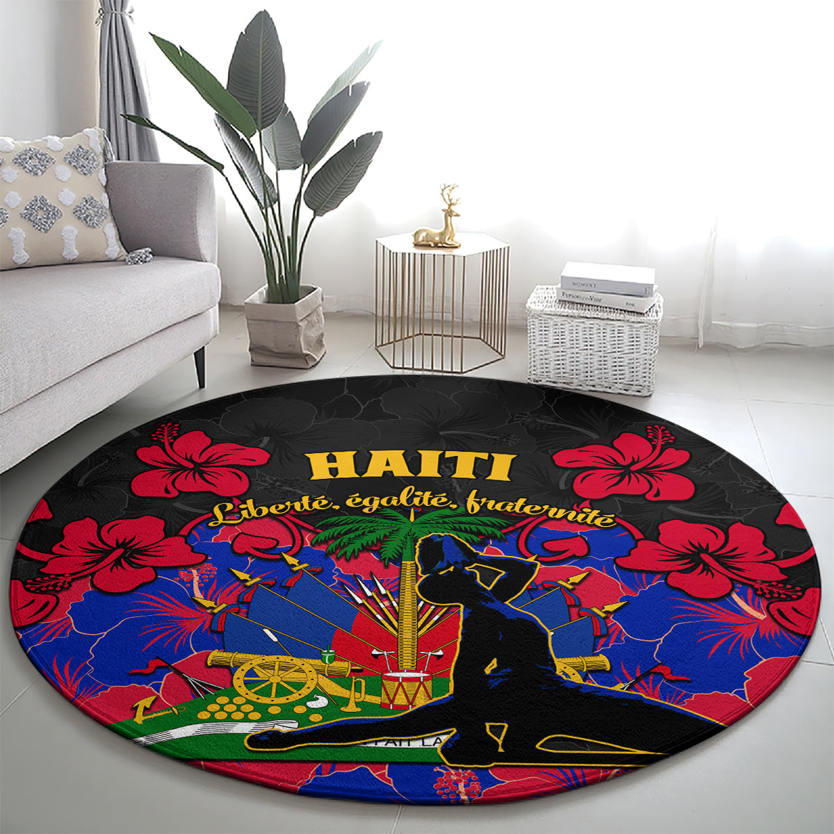 Black round carpet rug with gold Haiti lettering, red hibiscus corners, vivid blue scene