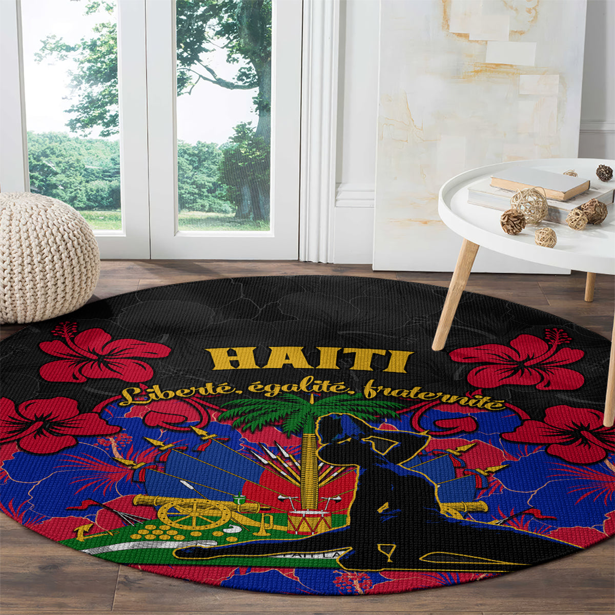 Black round carpet rug with Haiti banner text, red hibiscus accents, blue illustrated design