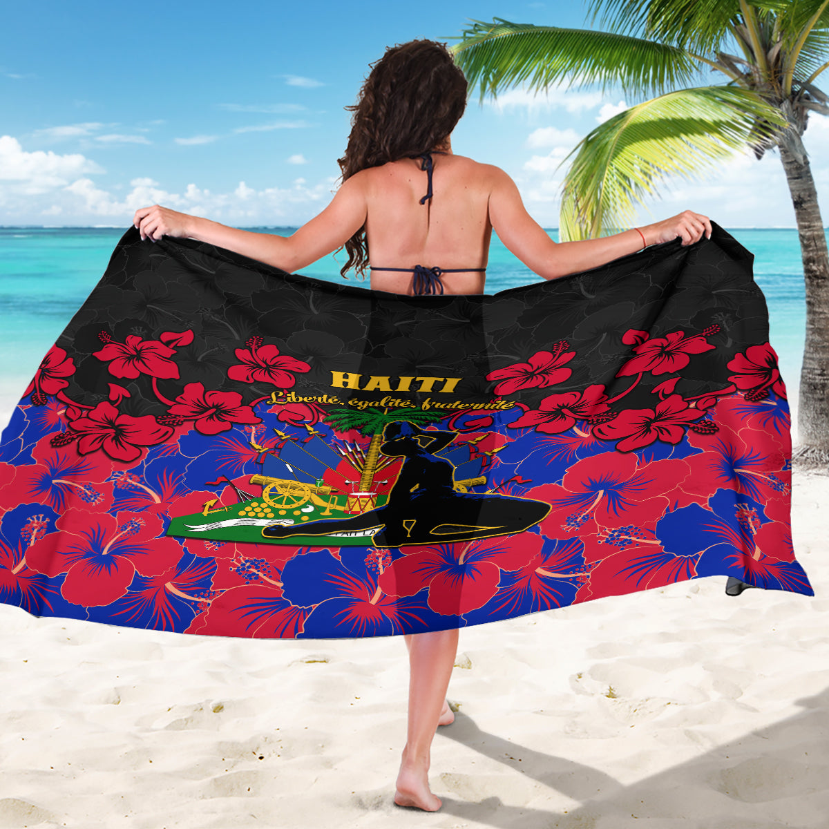 Black sarong with Haiti text, red hibiscus, and colorful crest graphic