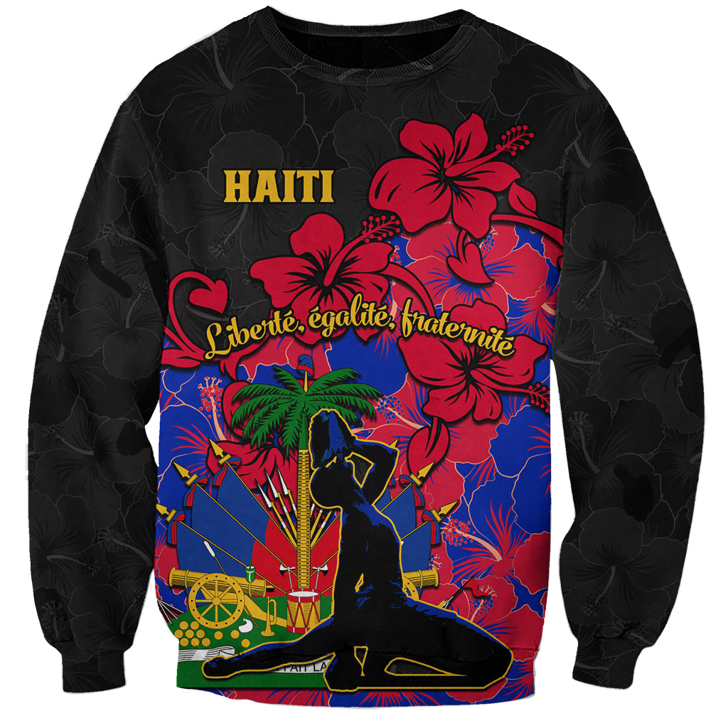 Unisex black sweatshirt with large Haiti text and red hibiscus graphic on colorful front