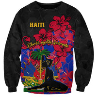 Unisex black sweatshirt with large Haiti text and red hibiscus graphic on colorful front