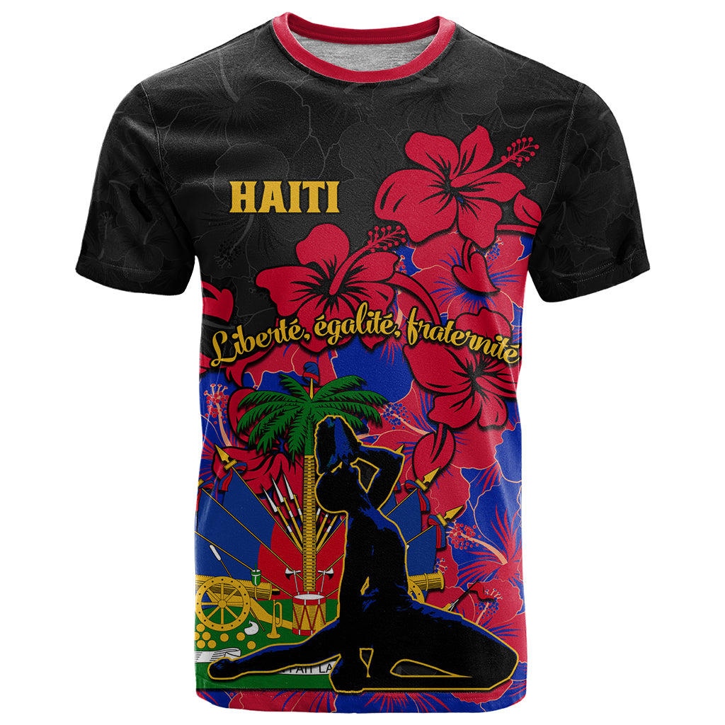 Black Haiti Independence Day graphic T-shirt with red hibiscus and multicolor print