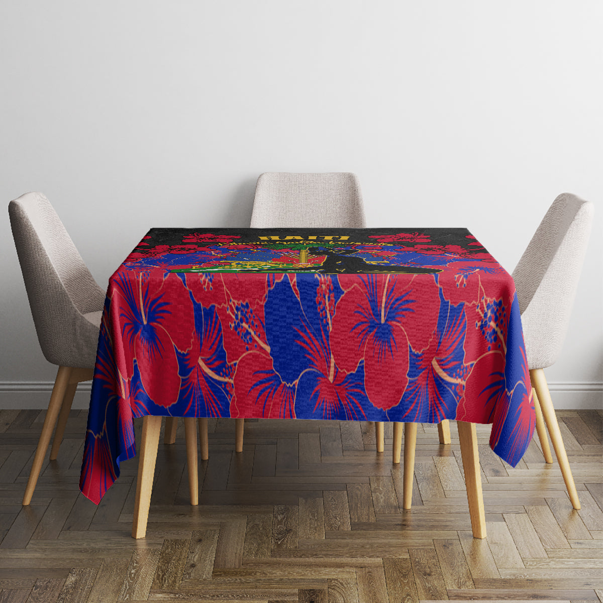 Rectangular black tablecloth with red and blue hibiscus floral pattern on a dining table.