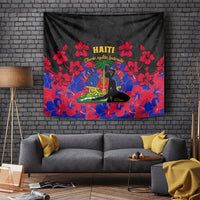 Haiti Independence Day tapestry with black background, red hibiscus flowers, Haiti emblem
