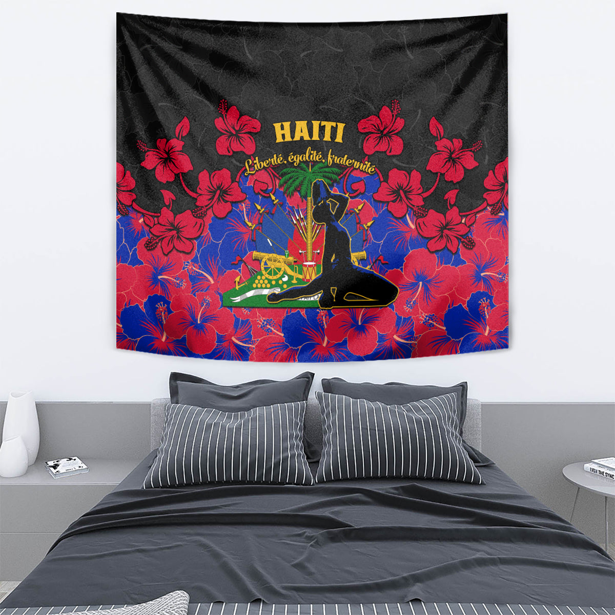 Haiti Independence Day tapestry showing Haiti text, red hibiscus blooms, blue floral center emblem