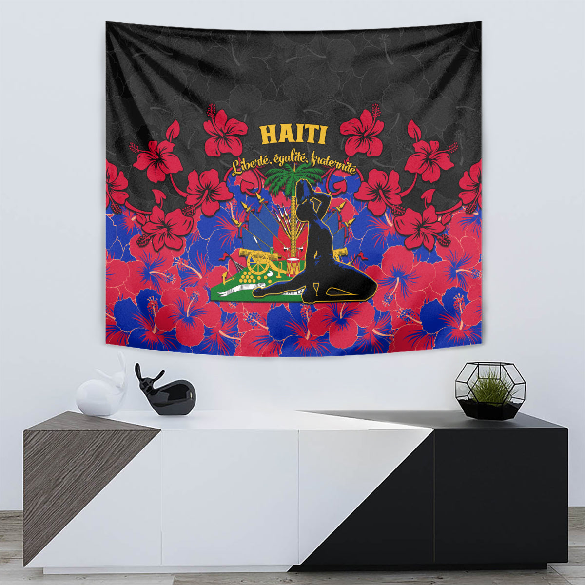 Haiti Independence Day tapestry with black backdrop, red hibiscus border, colorful central emblem