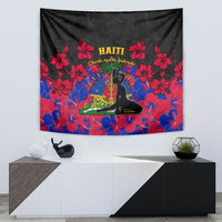 Haiti Independence Day tapestry with black backdrop, red hibiscus border, colorful central emblem