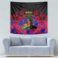 Haiti Independence Day tapestry featuring black field, red hibiscus flowers, blue floral center