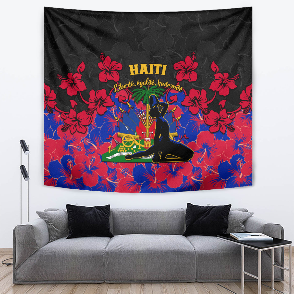 Haiti Independence Day tapestry with black base, red hibiscus clusters, Haiti emblem in center