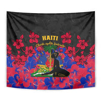 Haiti Independence Day tapestry close-up: black field, red hibiscus, blue floral emblem center
