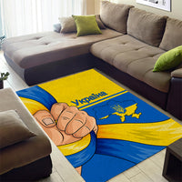 Rectangular blue and yellow area rug with fist graphic, Ukraine map, and trident