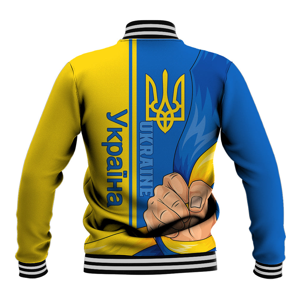 Unisex varsity baseball jacket, yellow-and-blue back with crest and large text graphic