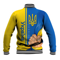 Unisex varsity baseball jacket, yellow-and-blue back with crest and large text graphic