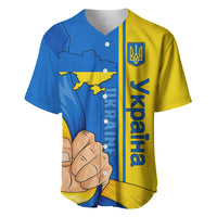Blue and yellow baseball jersey, V-neck with trident emblem and Ukrainian unification design