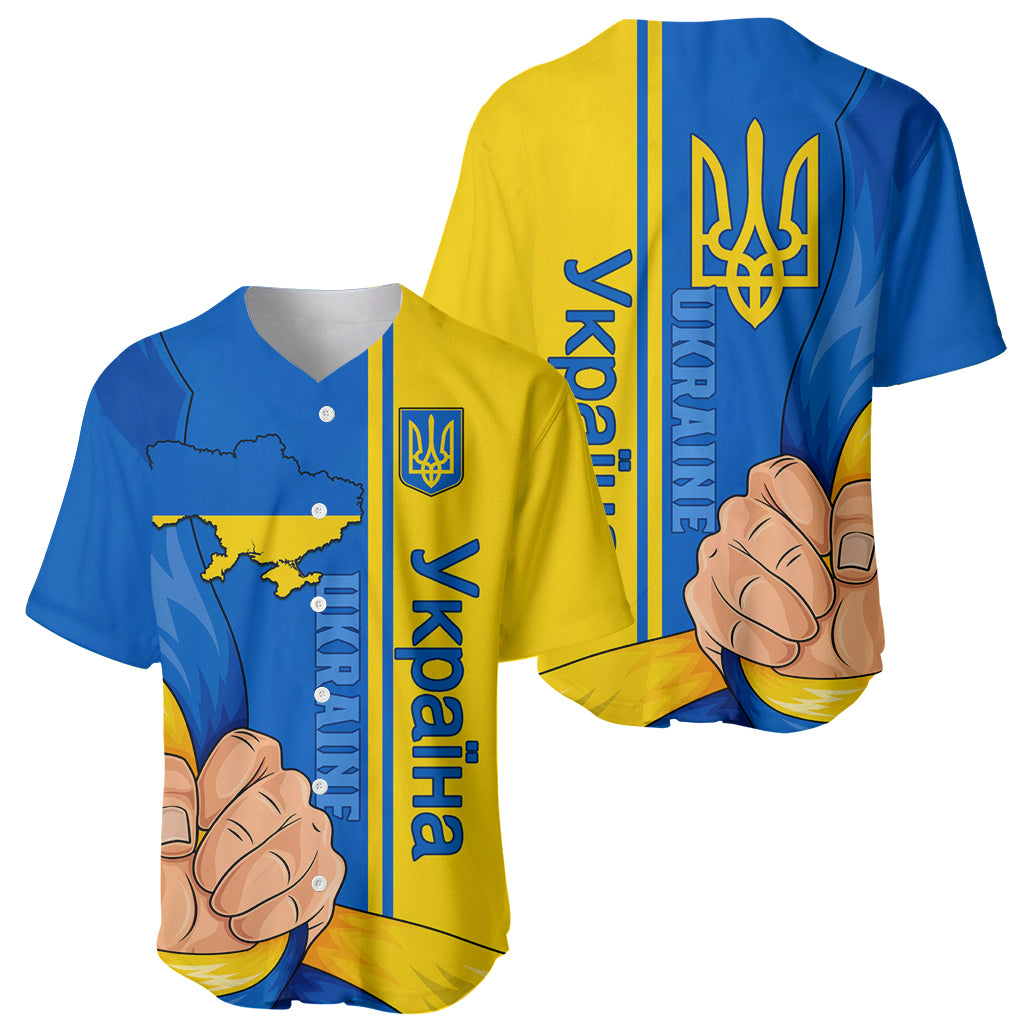 Baseball jersey shown front and back: blue-yellow V-neck with trident emblem