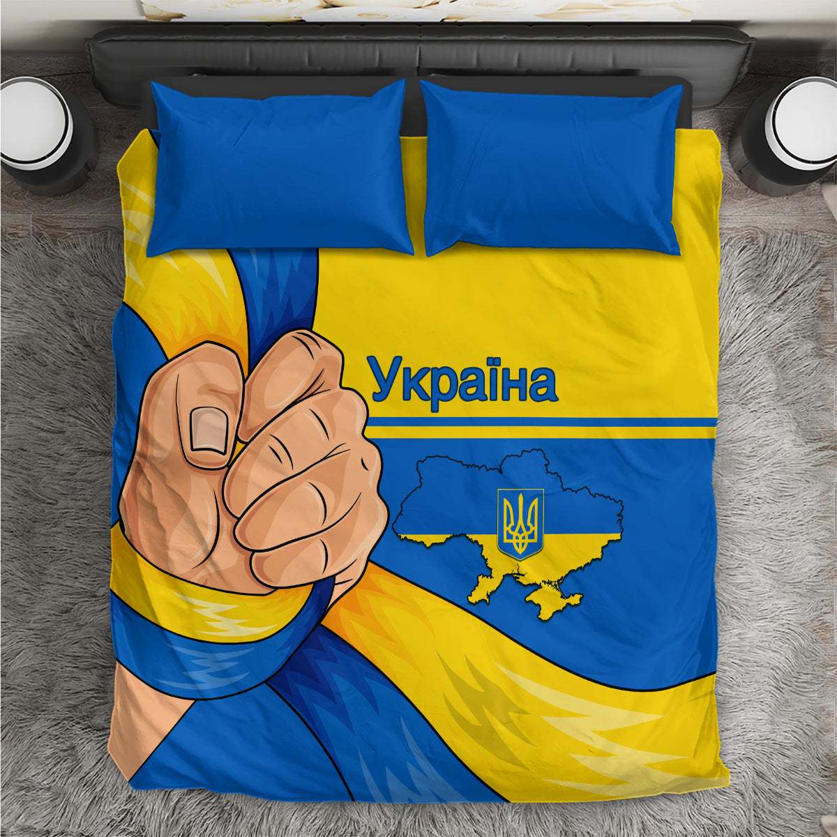 Blue and yellow bedding set with fist graphic, Ukraine map, two pillowcases and duvet