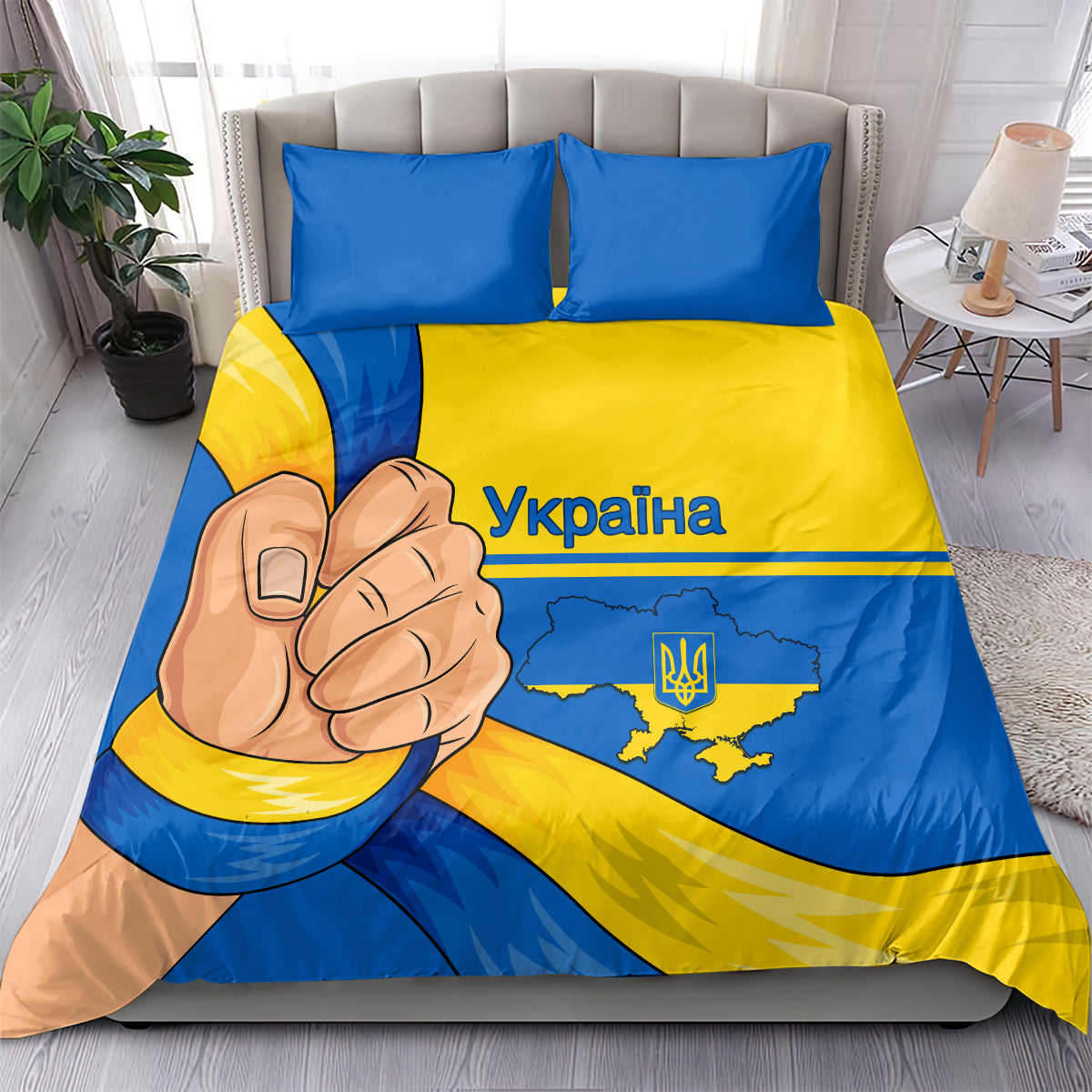 Blue and yellow bedding set with Ukraine text and map, two pillowcases and duvet