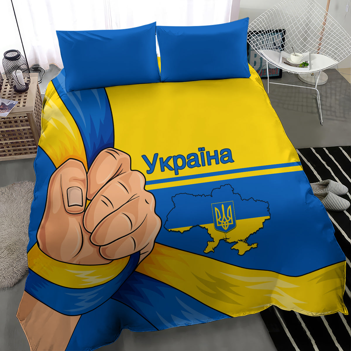 Blue and yellow duvet cover with Ukraine map and emblem, plus two pillowcases