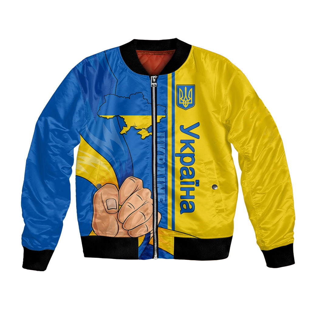 Blue and yellow unisex bomber jacket with front zipper and Ukraine graphic patch