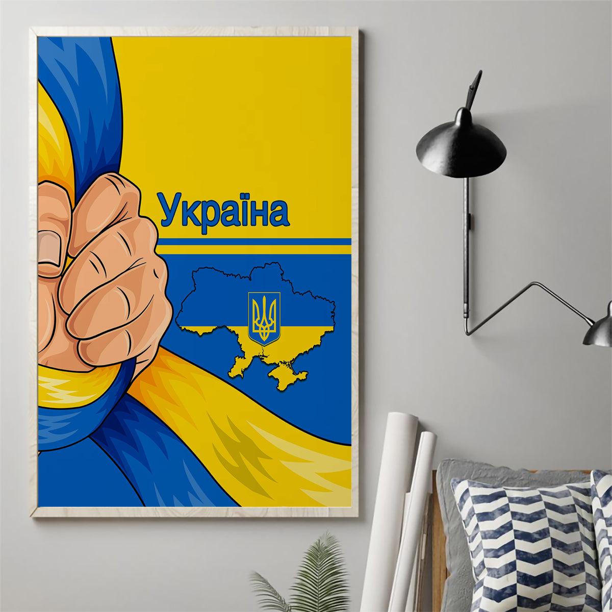 Framed Ukraine canvas wall art with blue and yellow graphic map design