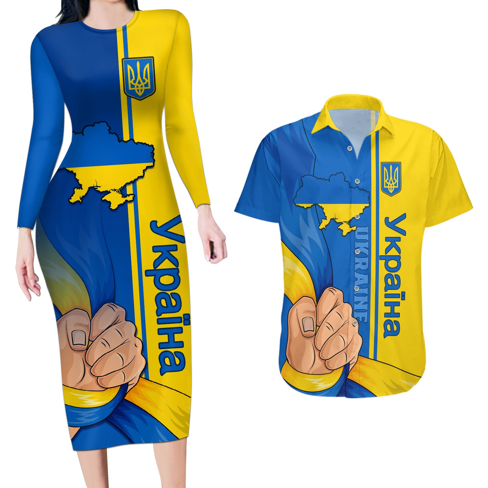 Ukraine Unity Day Couples Matching Long Sleeve Bodycon Dress and Hawaiian Shirt Ukrainian Unification Act - Wonder Print Shop