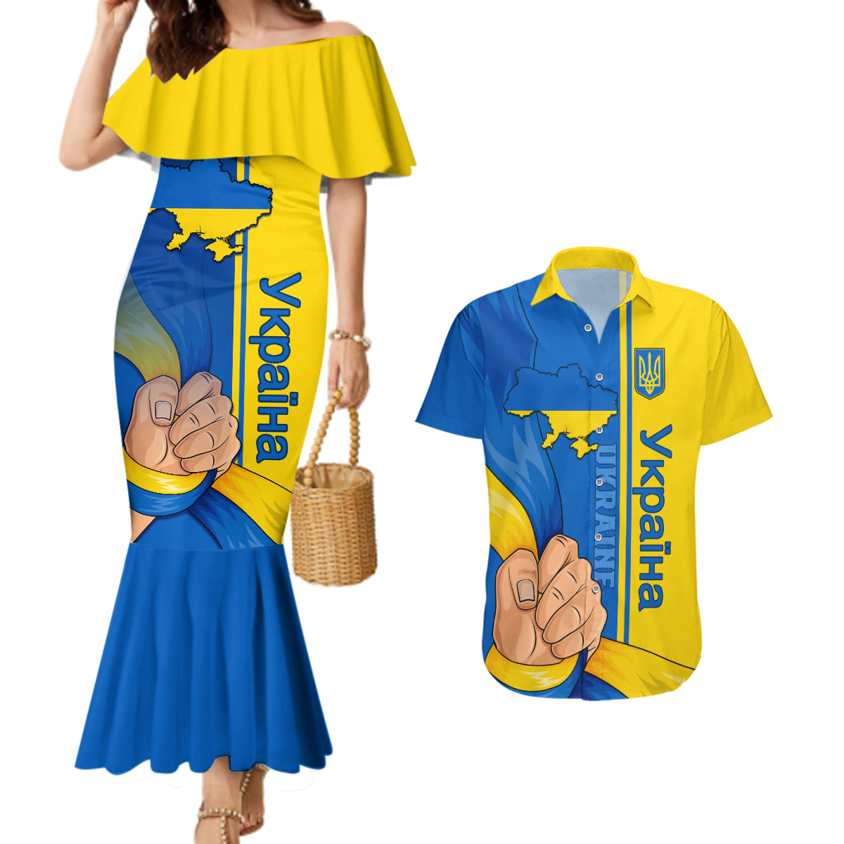 Ukraine Unity Day Couples Matching Mermaid Dress and Hawaiian Shirt Ukrainian Unification Act - Wonder Print Shop