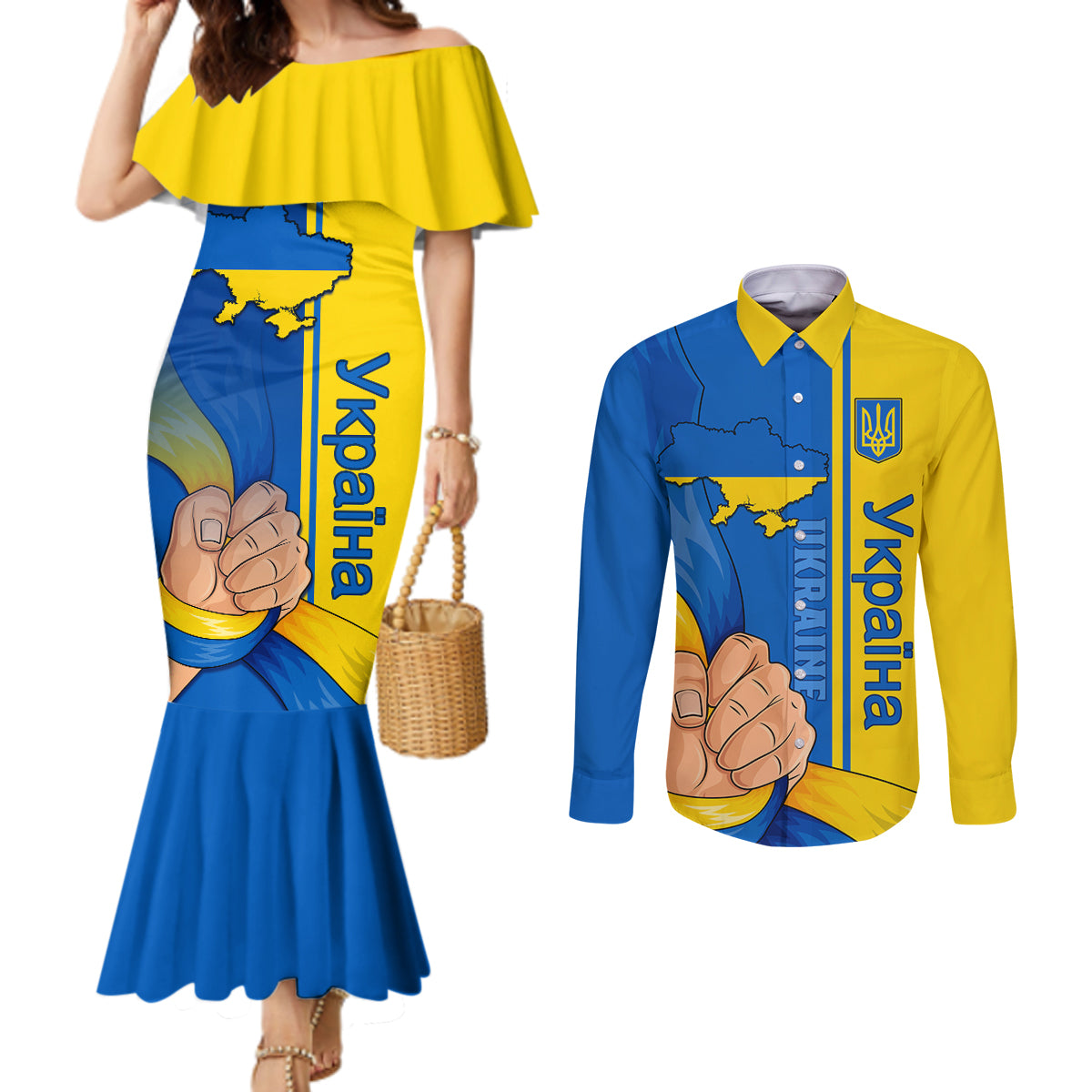 ukraine-unity-day-couples-matching-mermaid-dress-and-long-sleeve-button-shirt-ukrainian-unification-act