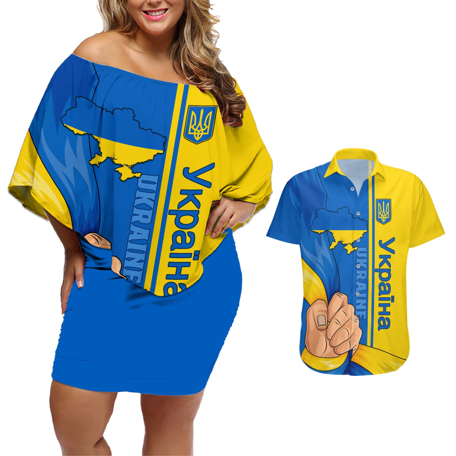 Ukraine Unity Day Couples Matching Off Shoulder Short Dress and Hawaiian Shirt Ukrainian Unification Act - Wonder Print Shop