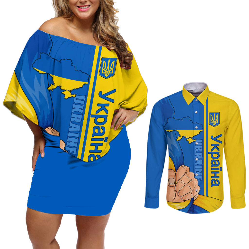 Ukraine Unity Day Couples Matching Off Shoulder Short Dress and Long Sleeve Button Shirt Ukrainian Unification Act - Wonder Print Shop